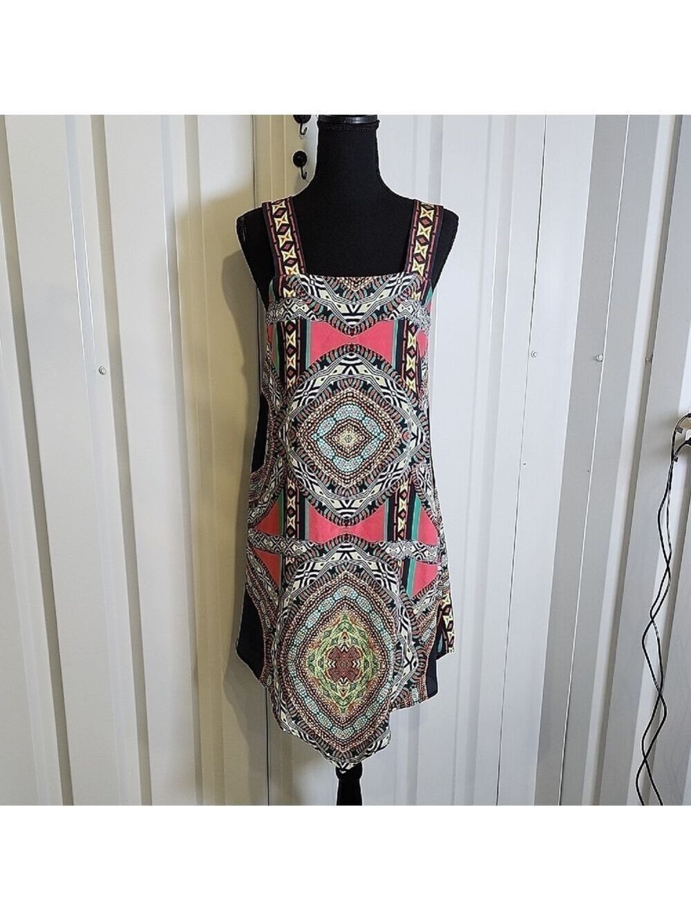 Alexis Multicolor Handkerchief Hem Geometric Print Silk Dress Size Medium